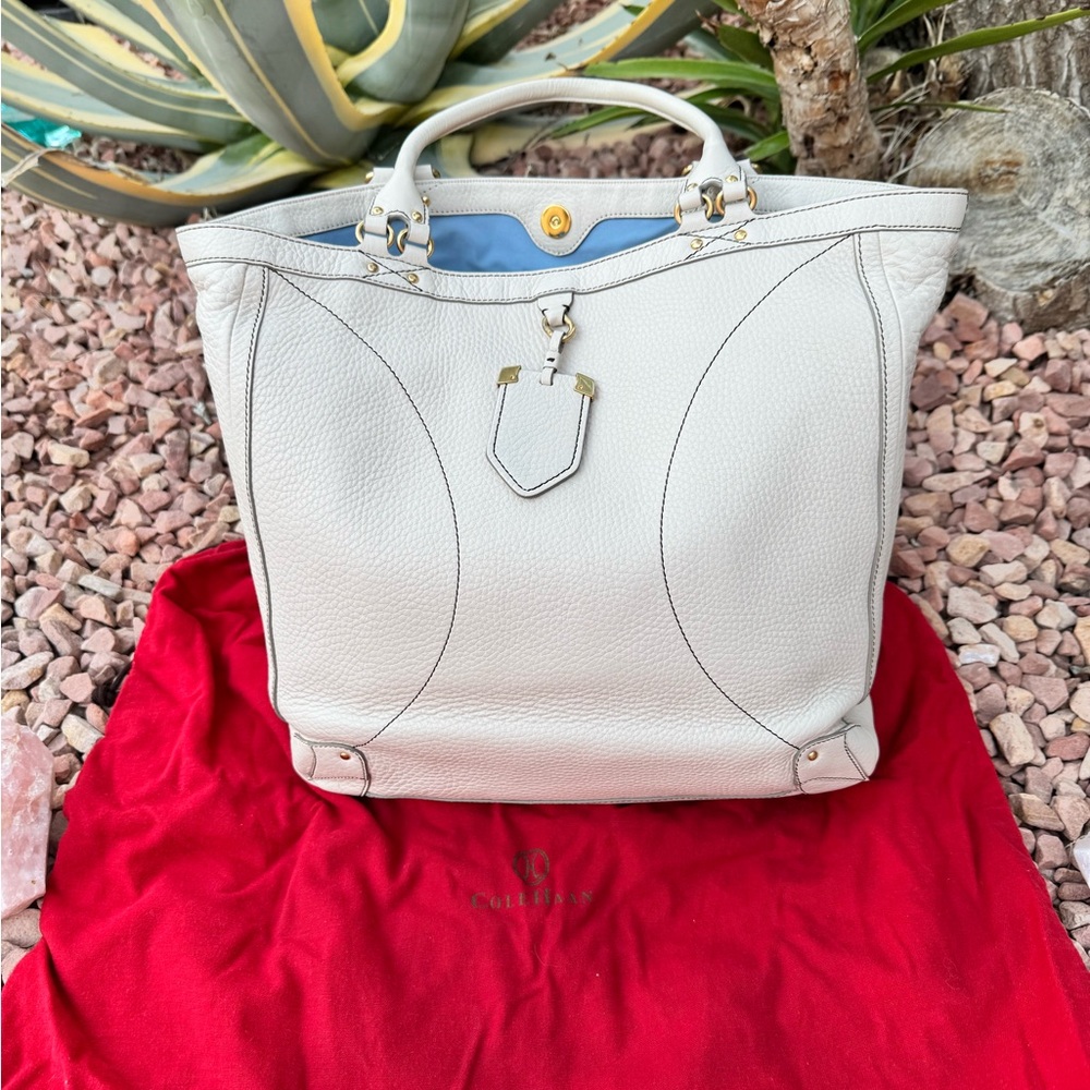 Cole Haan Village Classics White Pebbled Leather Tote w/Blue Lining
